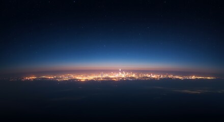 Fototapeta premium Night Sky Aerial View of Illuminated City Skyline Above the Clouds