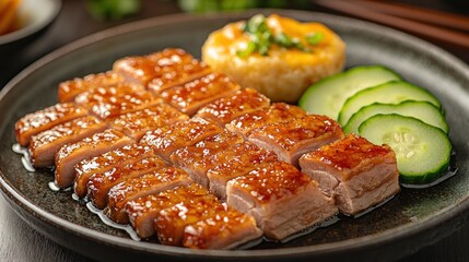 Roasted duck slices, glazed and glistening, served on a dark plate with a side of rice and cucumber