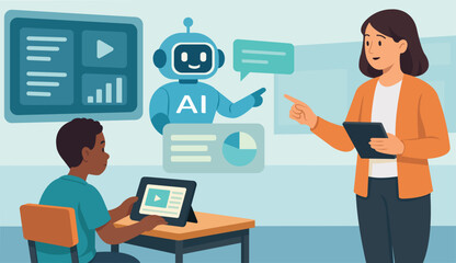 Artificial Intelligence Classroom with Chatbot Assistant, Teacher and Student Using Tablets