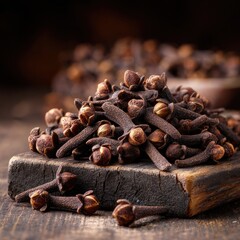 Obraz premium Cloves piling on a wooden board with spice scattered on wood; culinary ingredient
