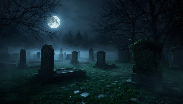 A misty graveyard at night under a full moon, with dark, ancient tombstones.