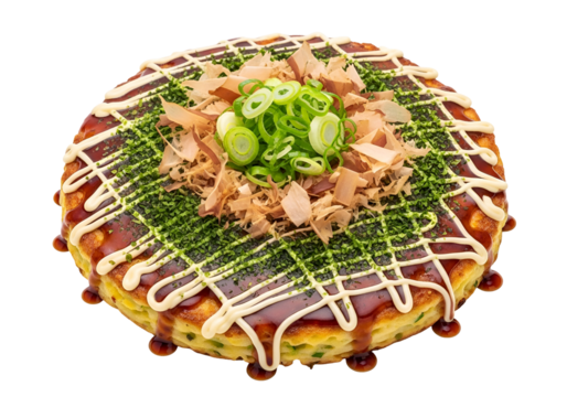 Delicious Japanese okonomiyaki pancake topped with bonito flakes green onions and mayonnaise on a