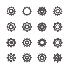 Sixteen Distinct Gear Icons, Mechanical Cogwheel Collection on White Background