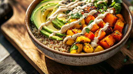 Quinoa Bowl with Roasted Vegetables, Avocado, and Creamy Dressing