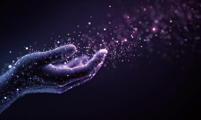 Digital hand, glowing particles, receiving light