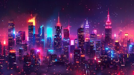 Neon Cityscape Night Sky Futuristic Urban Scene