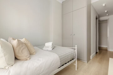 Modern luxury bedroom interior in minimal scandinavian style, 3d render