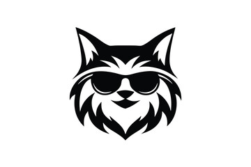 Stylish Black Lynx Head with Sunglasses, Minimalist Design on White Background