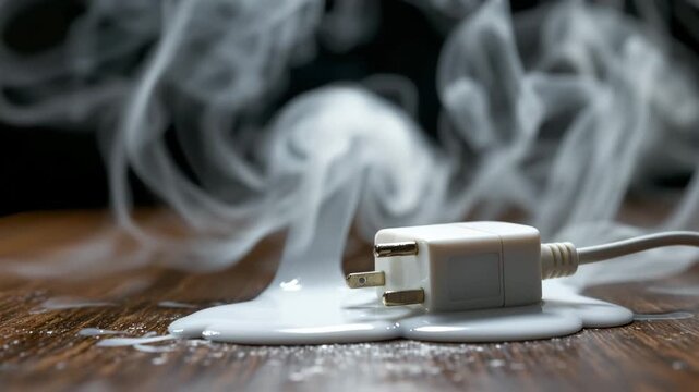 Overheated Electrical Outlet:  A close-up shot revealing a melted electrical plug, emitting smoke, on a wooden surface, a potent symbol of a potential fire hazard or electrical malfunction