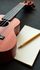 Close-up ukulele & notepad, pencil resting on top, ukulele, musical instrument