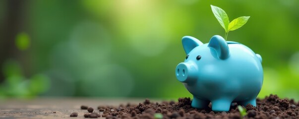 Blue piggy bank, green leaves sprouting Eco-friendly savings , blue, sustainable, environment