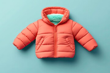 Coral puffer jacket with mint lining, laid flat on a light teal background