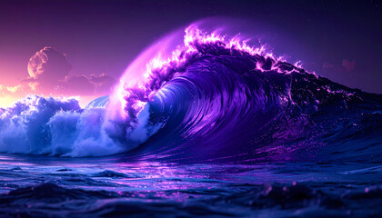 Powerful purple ocean wave at sunset