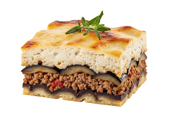 Delicious layered casserole with ground meat vegetables and cheese garnished with herbs