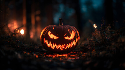 A carved pumpkin with menacing features glows eerily in a dark, mysterious forest, evoking Halloween's thrilling spirit.