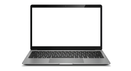 Modern laptop computer with a blank white screen, front view. Object is isolated on a white background, perfect as a mockup or template for a website or presentation.