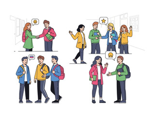 Fototapeta premium Friendship and Connections: A collection of vibrant illustrations capturing students connecting, sharing ideas and building camaraderie within a modern educational setting.