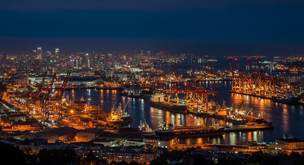 Naklejka premium Industrial Harbor at Night - Cityscape with Shipping Cranes and Lights