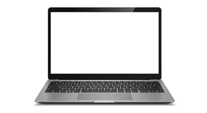 Modern laptop computer with a blank white screen, front view. Object is isolated on a white background, perfect as a mockup or template for a website or presentation.