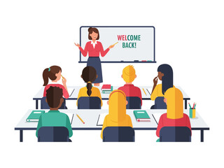Welcoming Learning Environment: A dynamic classroom scene, filled with anticipation, where a teacher warmly welcomes her students back, initiating a new educational journey. 