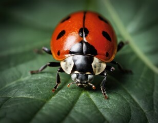 Fototapeta premium A ladybug rests on a vibrant green leaf