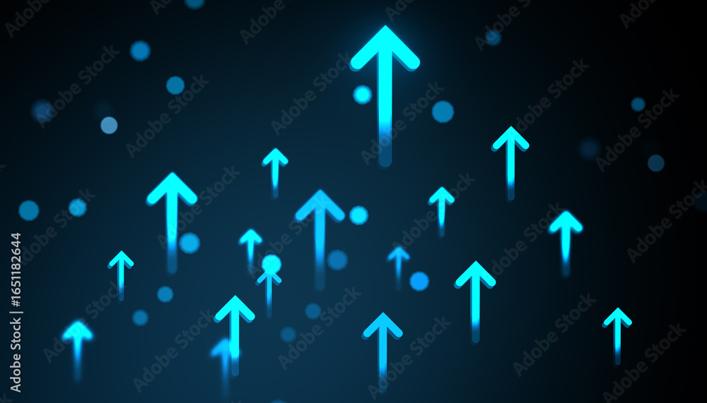 Aufkleber glowing upward arrows symbolizing digital growth and progress on a dark futuristic background with n