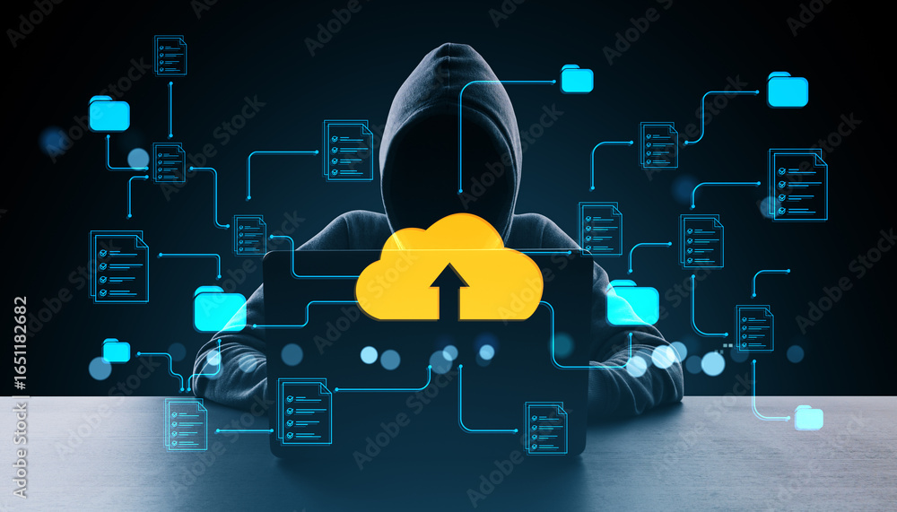 Poster anonymous hacker in hoodie accessing cloud data with upload arrow icon, surrounded by digital folder