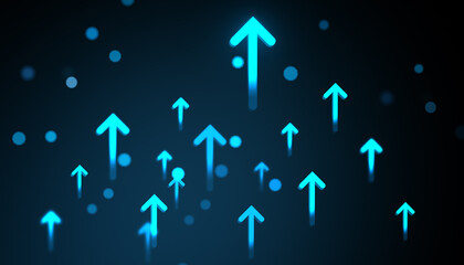 Glowing upward arrows symbolizing digital growth and progress on a dark futuristic background with neon blue abstract light design. 3D Rendering