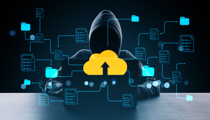 Anonymous hacker in hoodie accessing cloud data with upload arrow icon, surrounded by digital folders and documents on dark tech background.