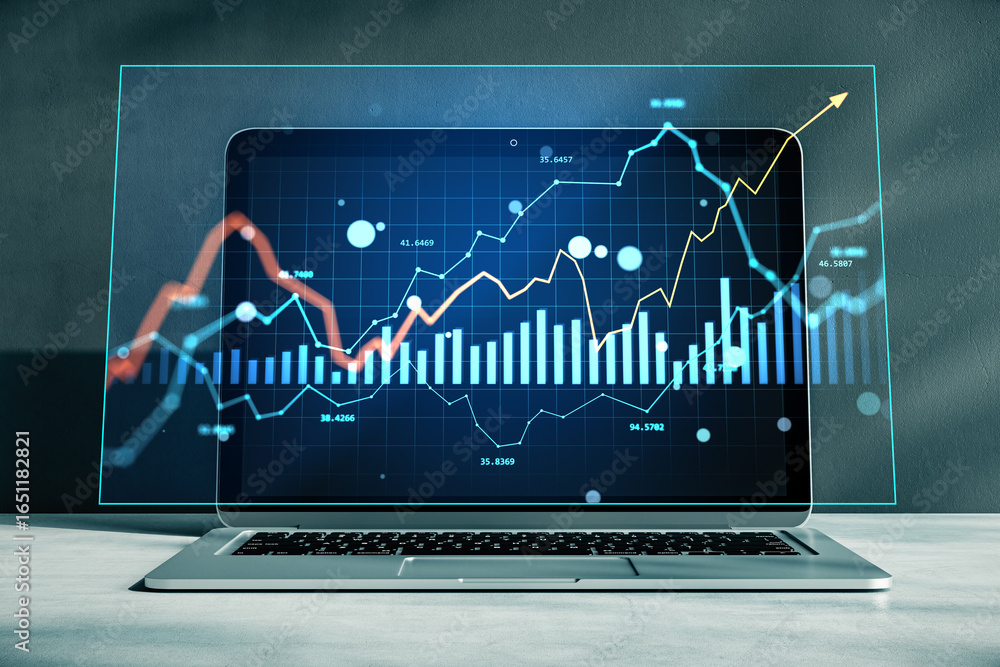 Poster financial market analysis graph with stock and currency index data on laptop screen at office desk w