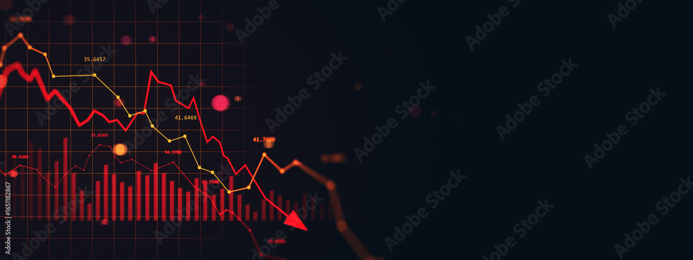 Poster falling red graph with declining stock market chart and arrow indicating financial crash on dark dig