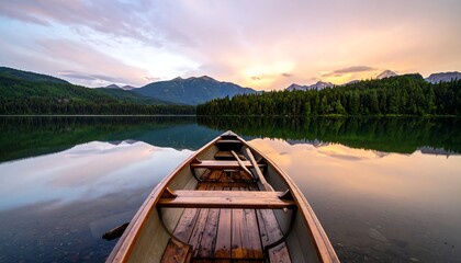 Peaceful lake sunrise, wooden canoe