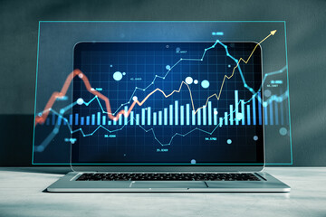 Financial market analysis graph with stock and currency index data on laptop screen at office desk with digital interface concept. 3D Rendering