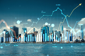 Modern city skyline with financial growth data overlay representing real estate market trends and...