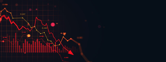 Falling red graph with declining stock market chart and arrow indicating financial crash on dark digital background with copy space. 3D Rendering