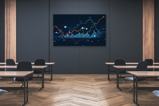 Corporate training room with digital financial market chart display on large screen for fintech analysis and investment data presentation concept. 3D Rendering