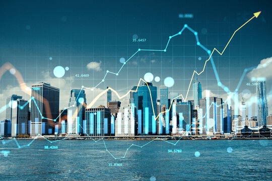 Modern city skyline with financial growth data overlay representing real estate market trends and property investment analytics concept. - Powered by Adobe