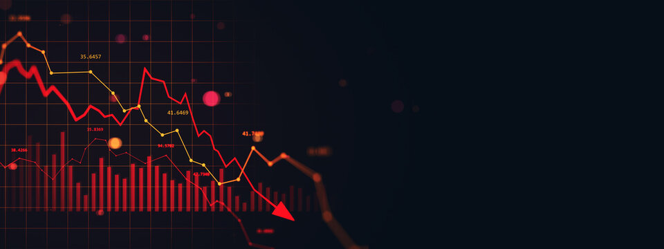 Falling red graph with declining stock market chart and arrow indicating financial crash on dark digital background with copy space. 3D Rendering - Powered by Adobe