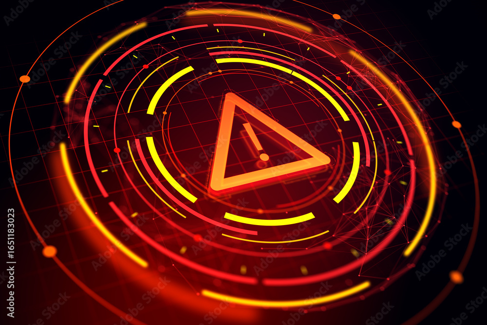 Poster cybersecurity warning icon glowing in red with digital futuristic interface on dark background indic