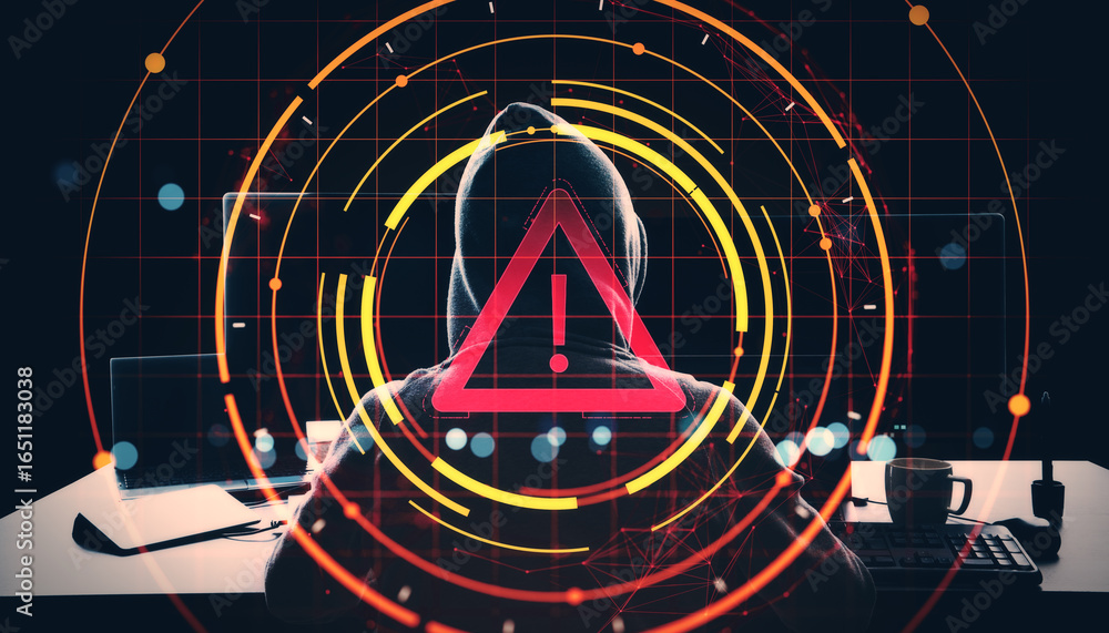 Poster hacker in dark hoodie with warning icon overlay on digital grid background symbolizing cybersecurity