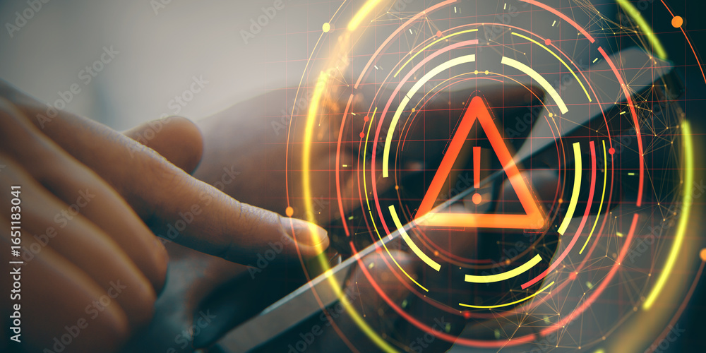 Poster cybersecurity warning icon over smartphone screen with digital alert interface and finger interactio