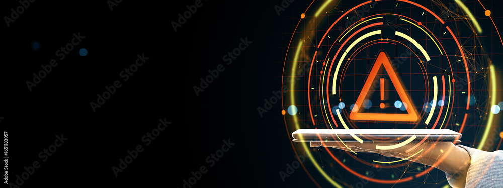Poster warning symbol over tablet in futuristic interface representing cybersecurity threat alert and data 