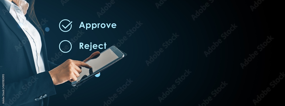 Poster businesswoman using digital tablet to approve option on modern interface screen in abstract technolo