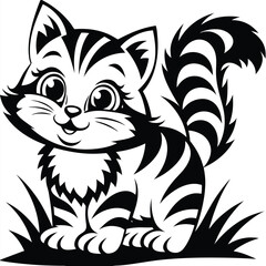 Smiling Striped Cat Illustration, Cartoon Kitten in Grass, White Background