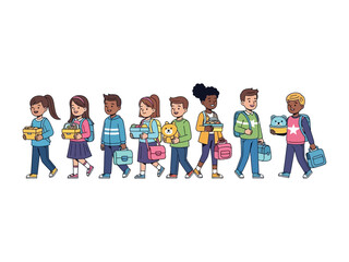 Fototapeta premium School Journey: Group of diverse students embark on a scholastic adventure, each carrying their essentials with smiles and anticipation for the day's lessons, a bright symbol of educational pursuit.