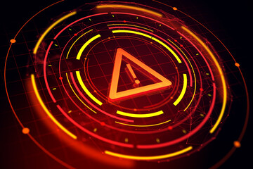 Cybersecurity warning icon glowing in red with digital futuristic interface on dark background indicating system alert or potential hacking risk. 3D Rendering