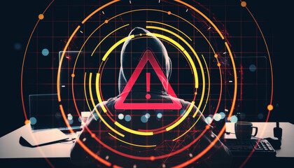 Hacker in dark hoodie with warning icon overlay on digital grid background symbolizing cybersecurity threat and online data breach emergency alert.