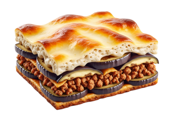 Delicious layered lasagna with melted cheese, eggplant slices, and savory ground meat on a black