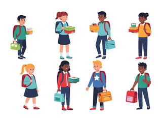 School Day Essentials: A vibrant illustration of diverse children, each holding their lunchbox, books and bags, get ready for a new school day. Illustrating a perfect day
