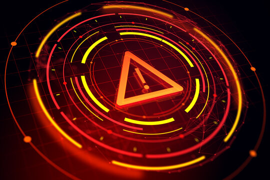 Cybersecurity warning icon glowing in red with digital futuristic interface on dark background indicating system alert or potential hacking risk. 3D Rendering